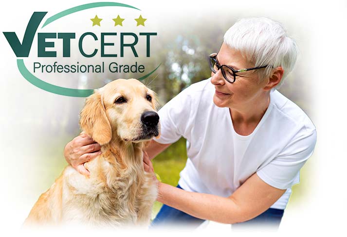A caring owner with her Labrador dog, pleased because the VetCert quality CANIVET offer