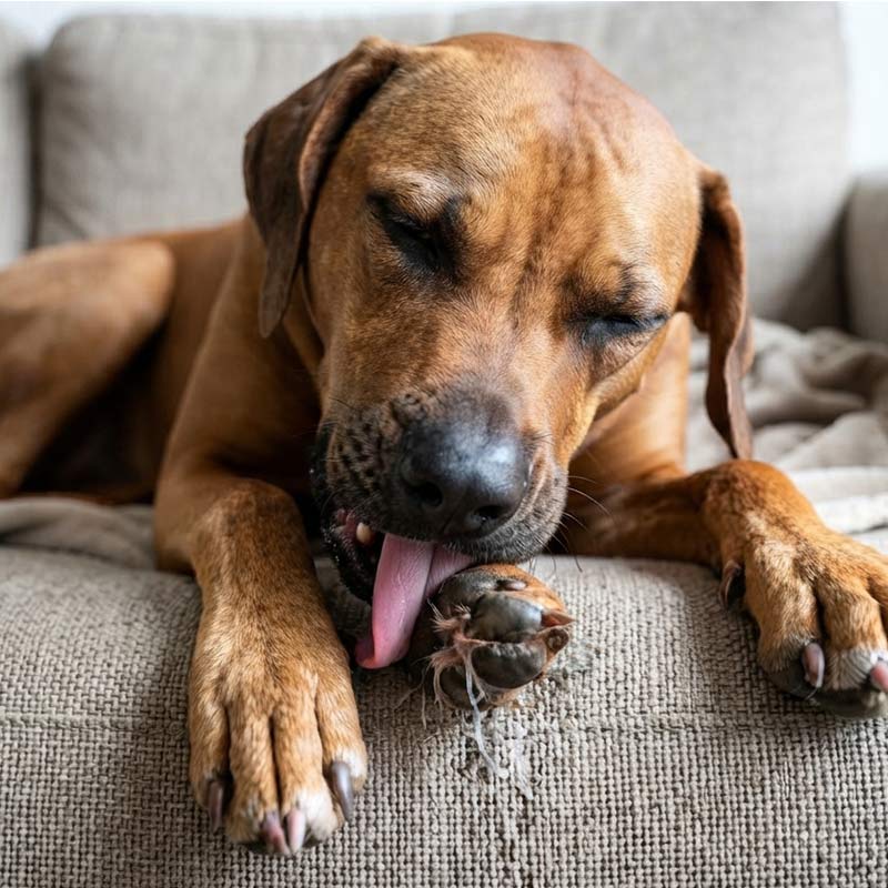 Dog licking its paw while sat on a sofa